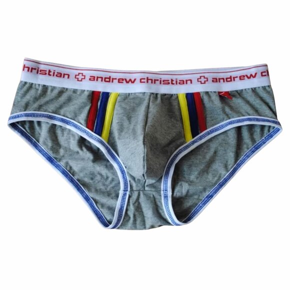 Andrew Christian Vintage Briefs Gray w Racing Stripes and Show It Medium - Picture 4 of 6